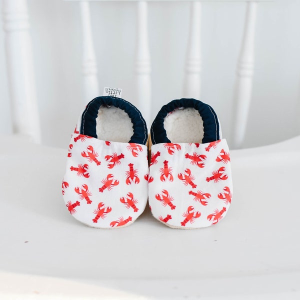 Maine baby, baby booties, baby moccs, baby mocassins, soft soled shoes, Lobster, Made in Maine, Maine Lobster, Lobster Baby Clothes, moccs