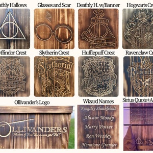 May include: A collection of wooden plaques with pyrography designs. The plaques feature symbols and quotes from the Harry Potter series, including the Deathly Hallows, Hogwarts crests, and character names. The wood has a dark, stained finish.