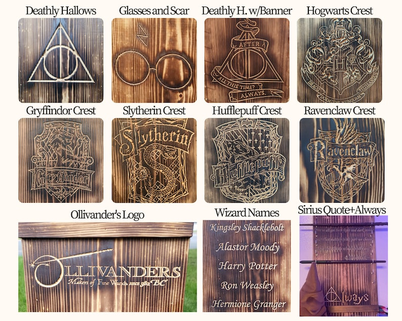 May include: A collection of wooden plaques with pyrography designs. The plaques feature symbols and quotes from the Harry Potter series, including the Deathly Hallows, Hogwarts crests, and character names. The wood has a dark, stained finish.