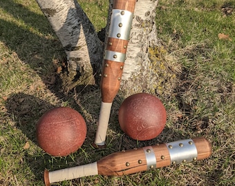 Brown Wood Bats (2) and 2 Brown Balls with Display Stand