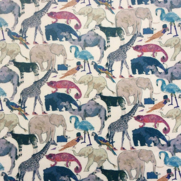 NEW Q. For The Zoo PRINT!!! Queue for the Zoo G white blue pink grey fat quarter 18" x 26.5" (45 cm x 67 cm) The Weavers Mill