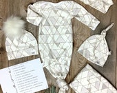 BOYS NEWBORN GOWN Ready to Ship Geo Tie Gown Hb Blanket Hat Fur Pom Ball knot Top Take Home Outfit Watercolor Pm-6m Opt Organic Made in Usa