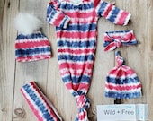 PATRIOTIC SET Tie Knot Gown Blanket Headband Pom Red White Blue Take Home Outfit Flag Baby Handmade Cheerful Ivy Tie Bottom Gown Tie dye