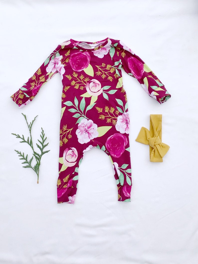 FLORAL OPENBACK ROMPER 3-6m One of Kind Pinks Purple Baby Soft Stretchy Outfit Onepiece Romper Heabdand Set
