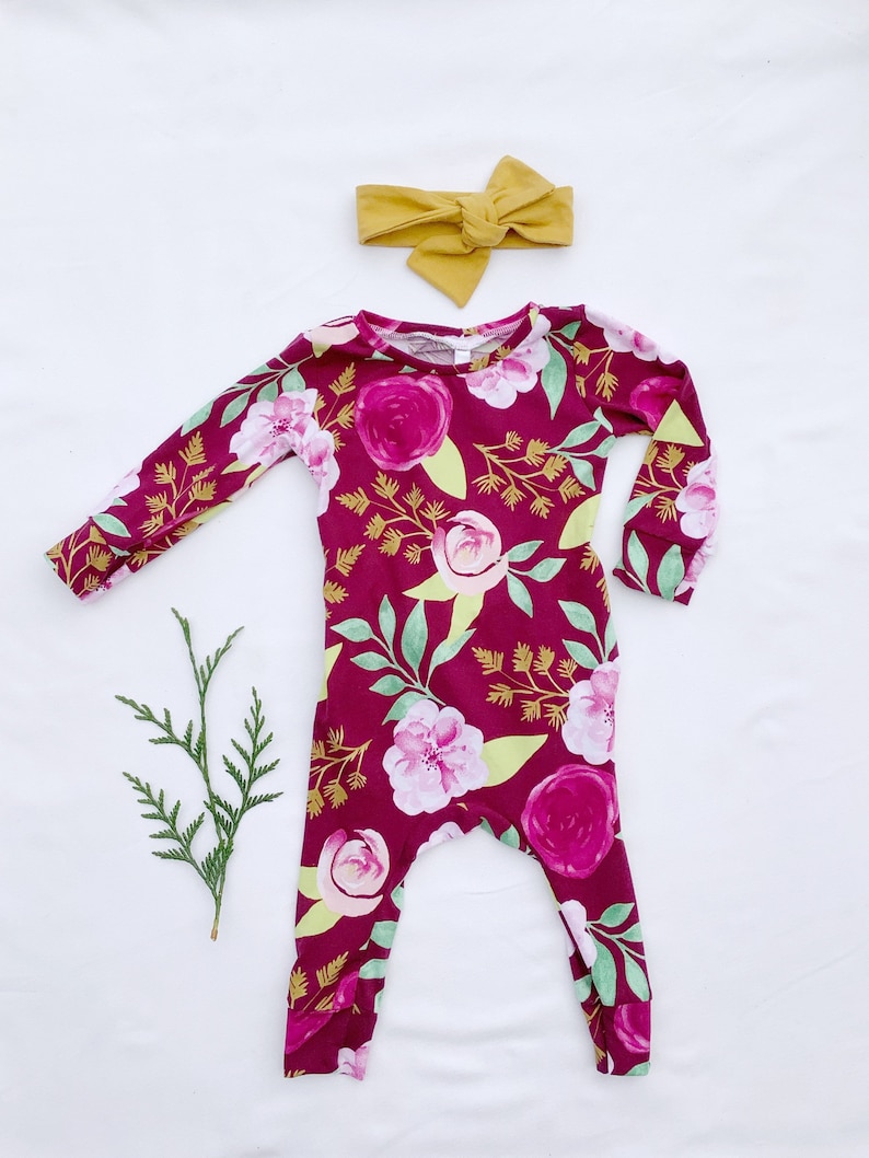 FLORAL OPENBACK ROMPER 3-6m One of Kind Pinks Purple Baby Soft Stretchy Outfit Onepiece Romper Heabdand Set