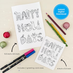 Coloring Greeting Card - Happy Holidays / Seasonal / DIY / Kids & Adult Activity / Holiday / Coloring / Instant Download Card