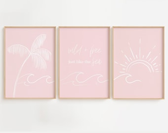 Boho Coastal Nursery Printable - Wild and Free, Just like the sea, Blush Pink Wall Art