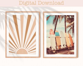 May include: Set of two digital prints featuring a sunburst design in shades of brown and beige and a vintage photo of surfboards leaning against palm trees on a beach.