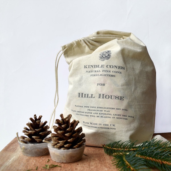 Personalised Cotton Bag of Cinnamon Scented Kindle Cone Firelighters, Housewarming gift, Christmas Gift