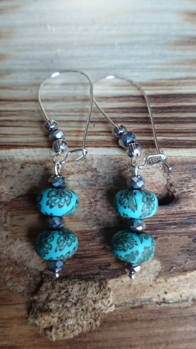 Green Polymer beads on kidney wire earrings # 146