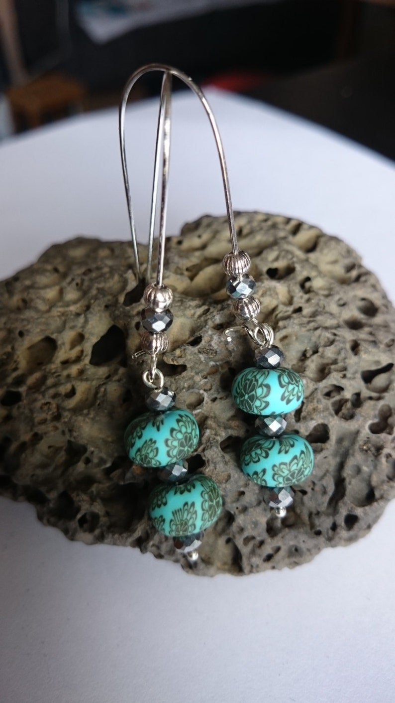 Green Polymer beads on kidney wire earrings # 146