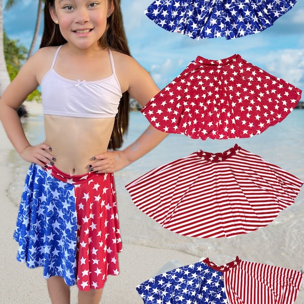 Jupe patriotique pour patineuse pour enfants, jupes de plage du 4 juillet, jupes rouge blanc bleu USA, étoiles bleues, étoiles rouges, rayures rouges Jupes circulaires complètes