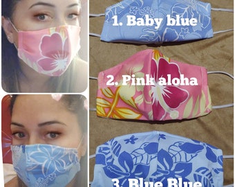 High Quality Pink, Blue Hawaiian Jersey Stretch Facemasks, 3 layers fabrics PP filter lining, Adults /Kids facemasks, Reusable, washable,