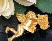 Matte Gold Angel Brooch, Angel Playing Lyre, Cherub Brooch, Angel Playing Harp, Flying Angel Pin, Angel Figural Brooch