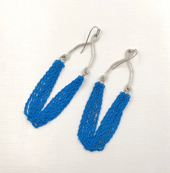 Silver Blue Chain Fringe Long Dangle Earrings, Pi… - image 7