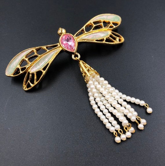 Dragonfly Brooch, Enamel Dragonfly Pin Faux Pearl… - image 2