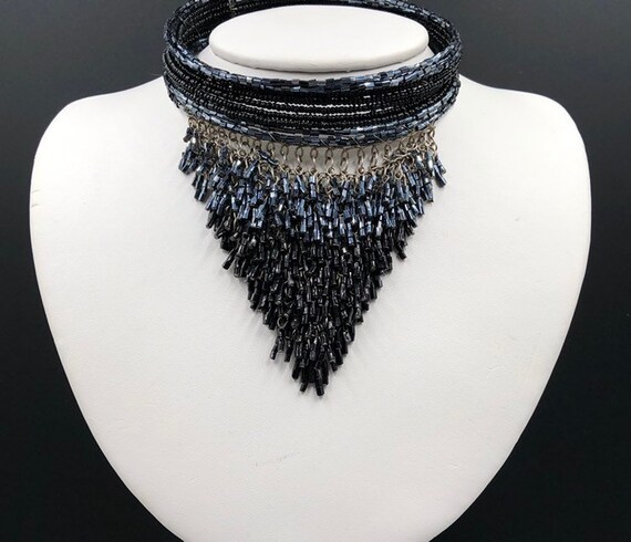 Black Beaded Memory Wire Statement Choker, Fringe… - image 2