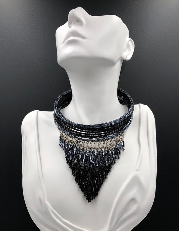 Black Beaded Memory Wire Statement Choker, Fringe… - image 1