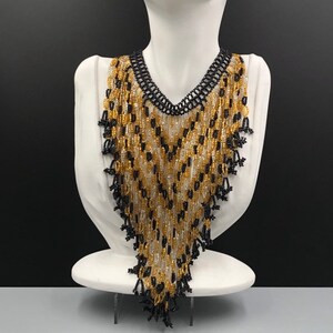 Art Deco Hand Beaded Fringe Bib Necklace, Black and Gold Seed Beads Flapper Necklace