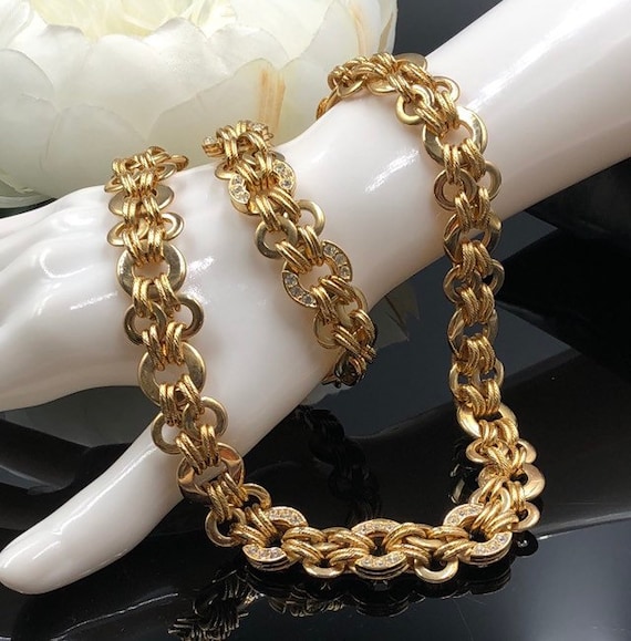 Wide Gold Link Austrian Crystal Necklace Bracelet 