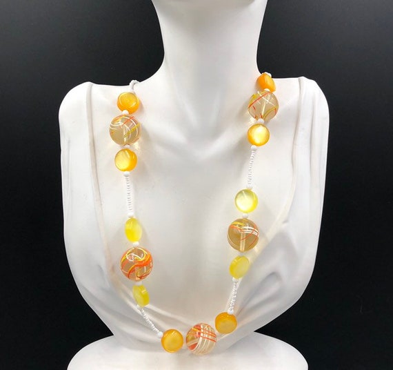 Lucite Bead Necklace, Spatter Beads, Yellow Orang… - image 2