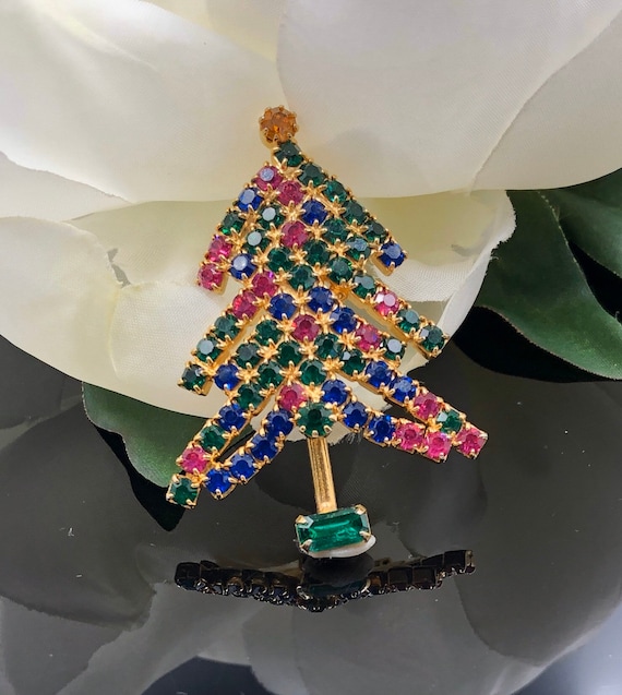 Christmas Tree Pin, Rhinestone Xmas Tree, Xmas Tr… - image 1