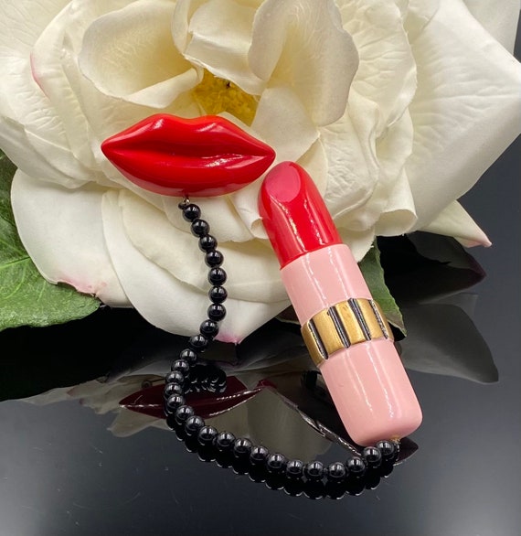 Vintage Red Lips and Lipstick Chatelaine Brooch