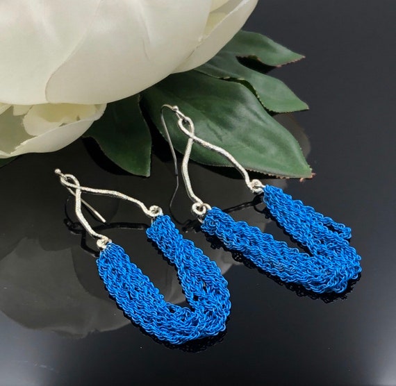 Silver Blue Chain Fringe Long Dangle Earrings, Pi… - image 8
