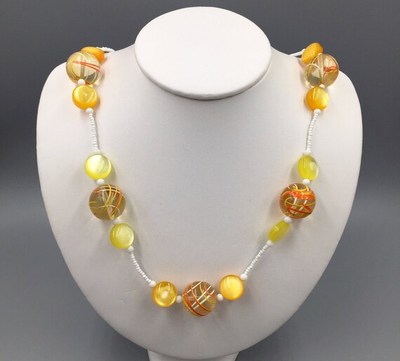 Lucite Bead Necklace, Spatter Beads, Yellow Orang… - image 3