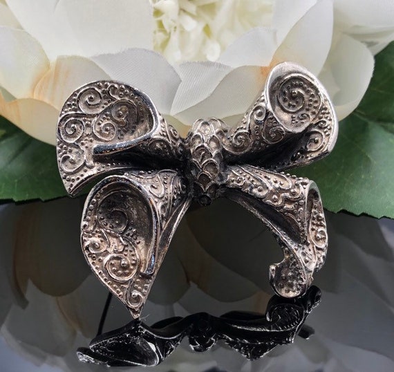 Victorian Bow Brooch, Embossed Silver Ribbon Bow … - image 1