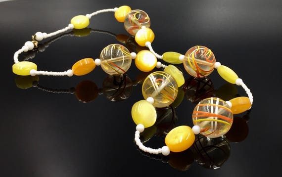 Lucite Bead Necklace, Spatter Beads, Yellow Orang… - image 6