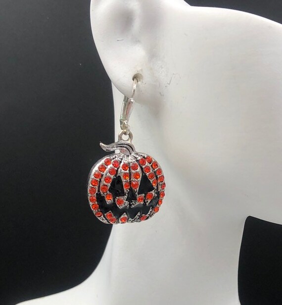 Jack O Lantern Orange Rhinestone Dangle Earrings,… - image 1