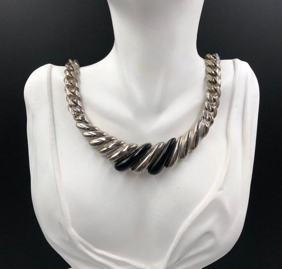 Silver Black Collar Necklace, Edgy Metal Curb Lin… - image 3