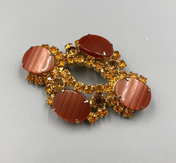 Orange Rhinestone Thermoset Plastic Brooch - image 9