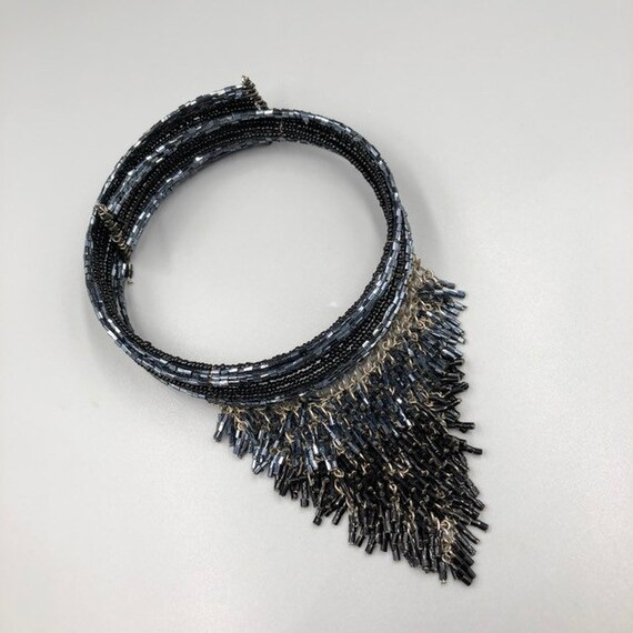 Black Beaded Memory Wire Statement Choker, Fringe… - image 8