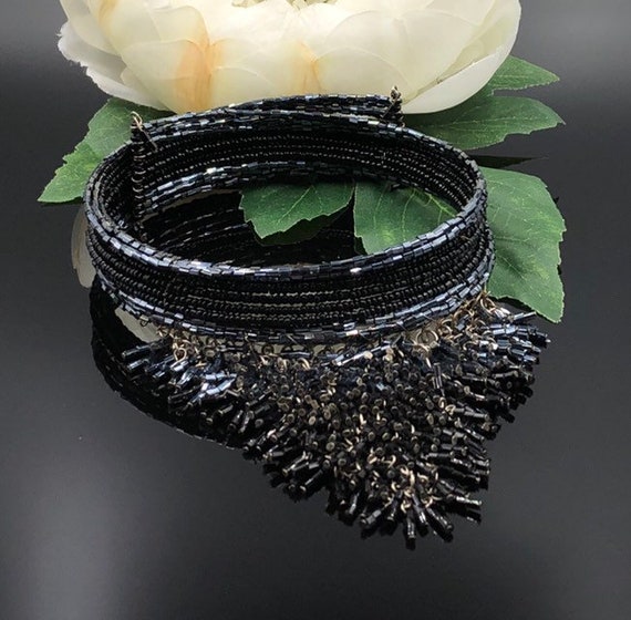 Black Beaded Memory Wire Statement Choker, Fringe… - image 9