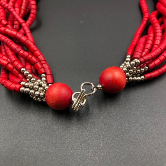 Red Wood Beaded Multi Strand Red Necklace, Long R… - image 6