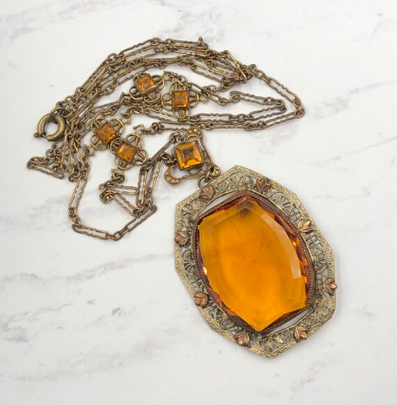 Art Deco Citrine Glass Long Pendant Necklace, Vict