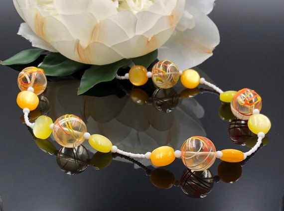 Lucite Bead Necklace, Spatter Beads, Yellow Orang… - image 9