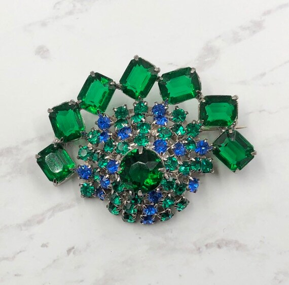 Green Blue Rhinestone Brooch, Emerald Green Glass