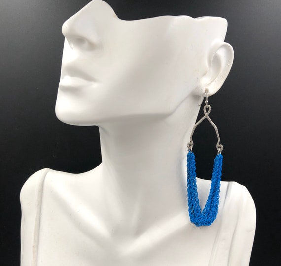 Silver Blue Chain Fringe Long Dangle Earrings, Pi… - image 2