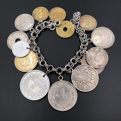 Vintage Coin Charm Bracelet, World Coins buy Sterling Bracelet, Souvenir Bracelet, World Traveler Coin Bracelet