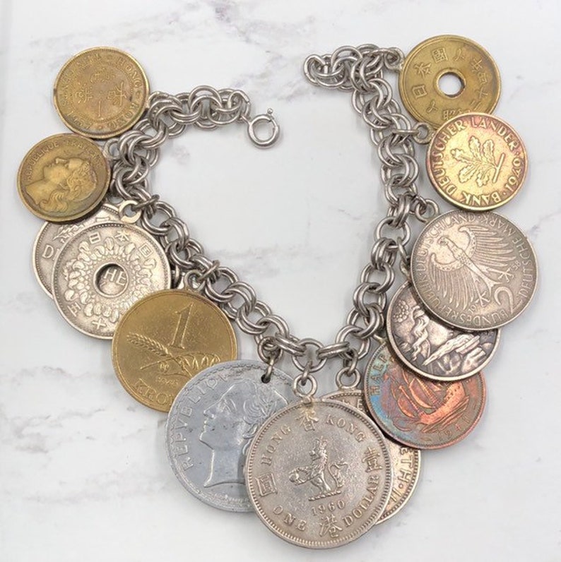 Vintage Coin Charm Bracelet World Coins Sterling Bracelet Etsy