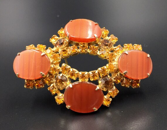 Orange Rhinestone Thermoset Plastic Brooch - image 2