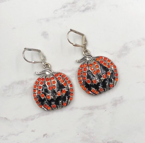 Jack O Lantern Orange Rhinestone Dangle Earrings,… - image 5