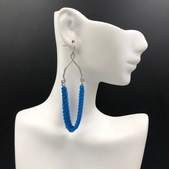 Silver Blue Chain Fringe Long Dangle Earrings, Pi… - image 1