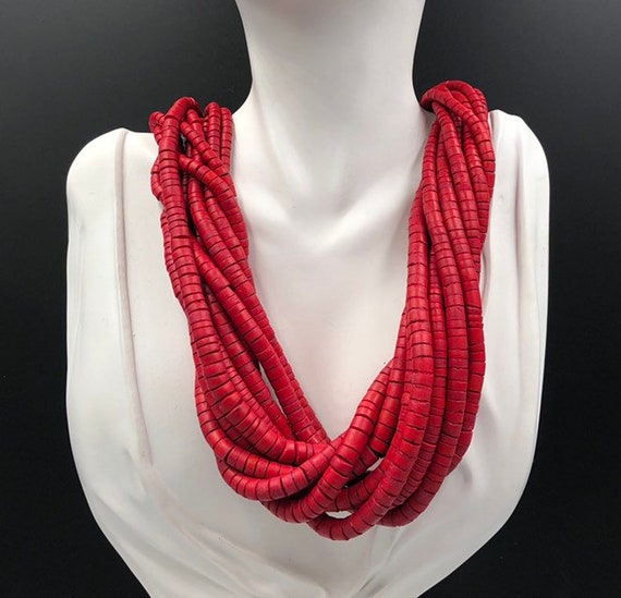 Red Wood Beaded Multi Strand Red Necklace, Long R… - image 2