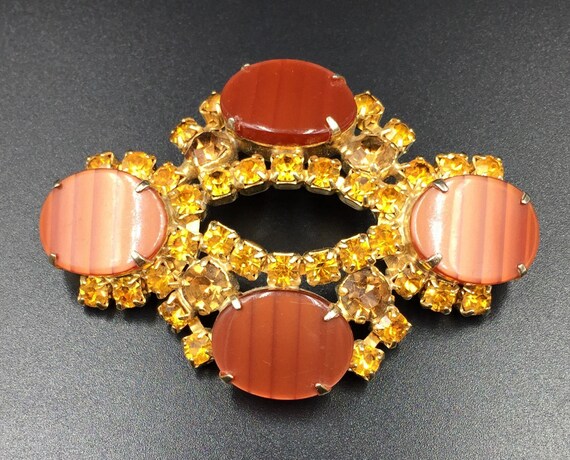 Orange Rhinestone Thermoset Plastic Brooch - image 7