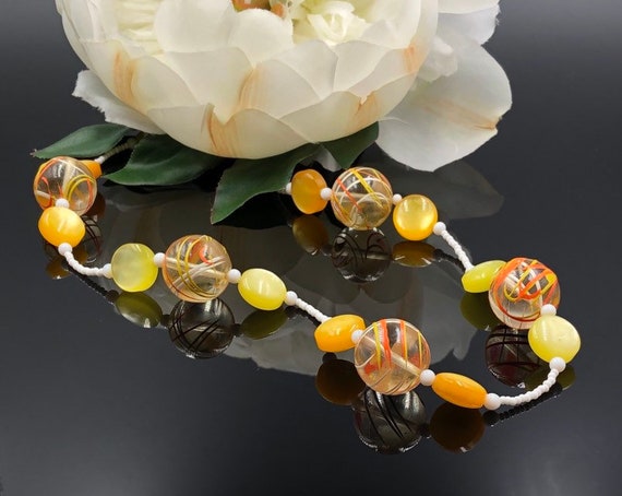 Lucite Bead Necklace, Spatter Beads, Yellow Orang… - image 1