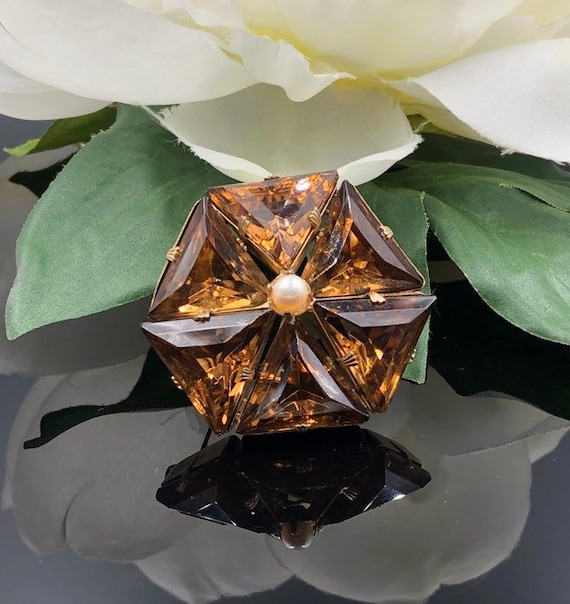 Smoky Topaz Glass Stone Brooch, Hexagon Brooch, Tr